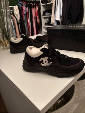 CHANEL Black and White CC Logo Lace-Up Sneakers